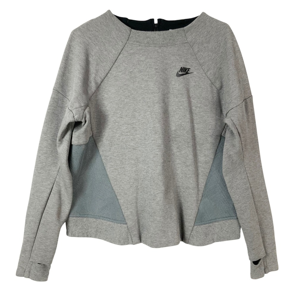 Nike Gray Mesh Panels Sweatshirt M Back Zip Crew Neck Long Sleeve Thumbholes